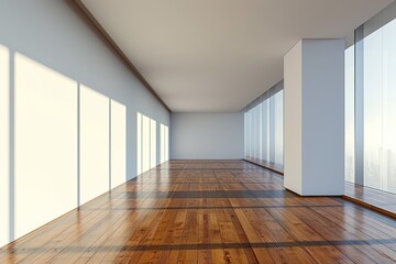 Fototapeta premium Modern empty room with hardwood floors and large windows
