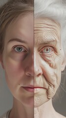 Woman's Face Before and After Aging, Impact of Skincare and Aging on Skin Health - Medical Health Care Concept.