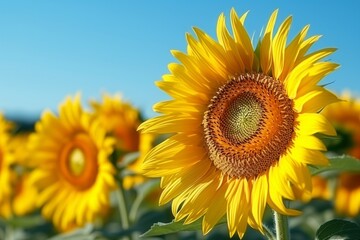 Close-up of a sunflower in a field of sunflowers with a blue sky in the background