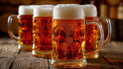 Four glasses of beer on a wooden table - obrazy, fototapety, plakaty