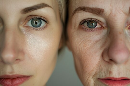 Woman's Face Before and After Aging, Impact of Skincare and Aging on Skin Health - Medical Health Care Concept.