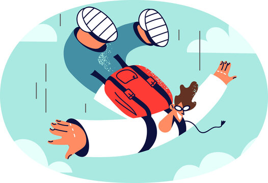 Happy man in goggles jump with parachute in sky. Smiling guy in glasses with backpack flying in air. Extreme sport and hobby.