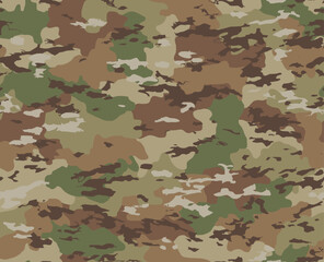 Camouflage seamless pattern incorporating various natural shapes of dark brown, light brown, olive green, light green, khaki and white.