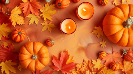 Naklejka na ściany i meble An autumnal flat lay with Halloween-inspired scented candles mini pumpkins and maple leaves.