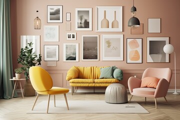 Poster presentation in a flat colored indoor space with five frames on the wall, a monochromatic light yellow gallery wall, one chair, and no plants