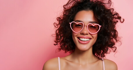 Studio portrait of a cool young woman posing wearing heart shaped love sunglasses - obrazy, fototapety, plakaty