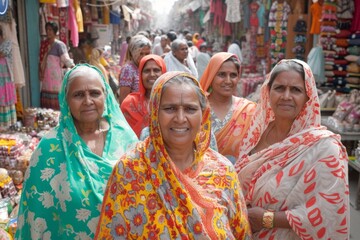 A group of Indian women wearing colorful saris smile for the camera