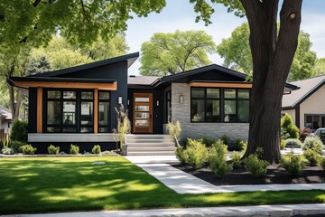 Discover the allure of a suburban dream home, showcasing contemporary architecture and eco-friendly features. This passive and energy-efficient house boasts generous insulation, efficient windows,  - obrazy, fototapety, plakaty