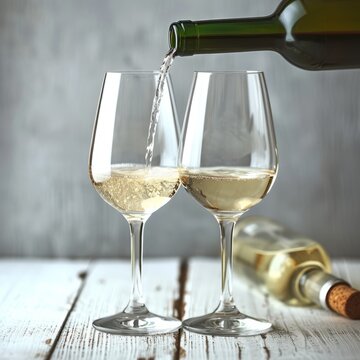 Two glasses of white wine on a wooden table