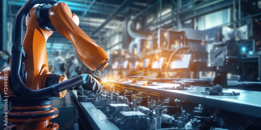 Poster engineer check and control welding robotics automatic arms machine in intelligent and digital manufa