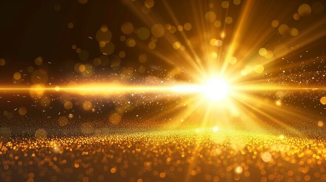 Bright sun rays with golden particles and glowing sparkles on a dark background