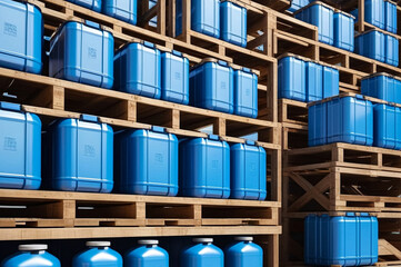 Warehouse storage of chemical liquids. Rows of liquid containers standing on wooden pallets. Background of storage cans in the warehouse. Concept of warehousing and stored of goods. Copy ad text space