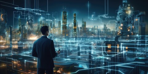 futuristic industry 4.0 technology concept, engineer hold tablet and using augmented reality, digital twin, digital transformation, artificial intelligence, machine learning 5g to control ai robot 