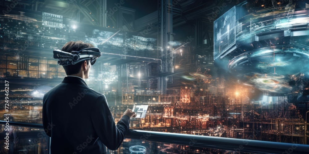 Poster futuristic industry 4.0 technology concept, engineer hold tablet and using augmented reality, digita