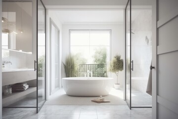 Fototapeta na wymiar Blurred background, white interior design, white folding door opening to minimalist luxury bathroom with bathtub, sink, and panoramic window,