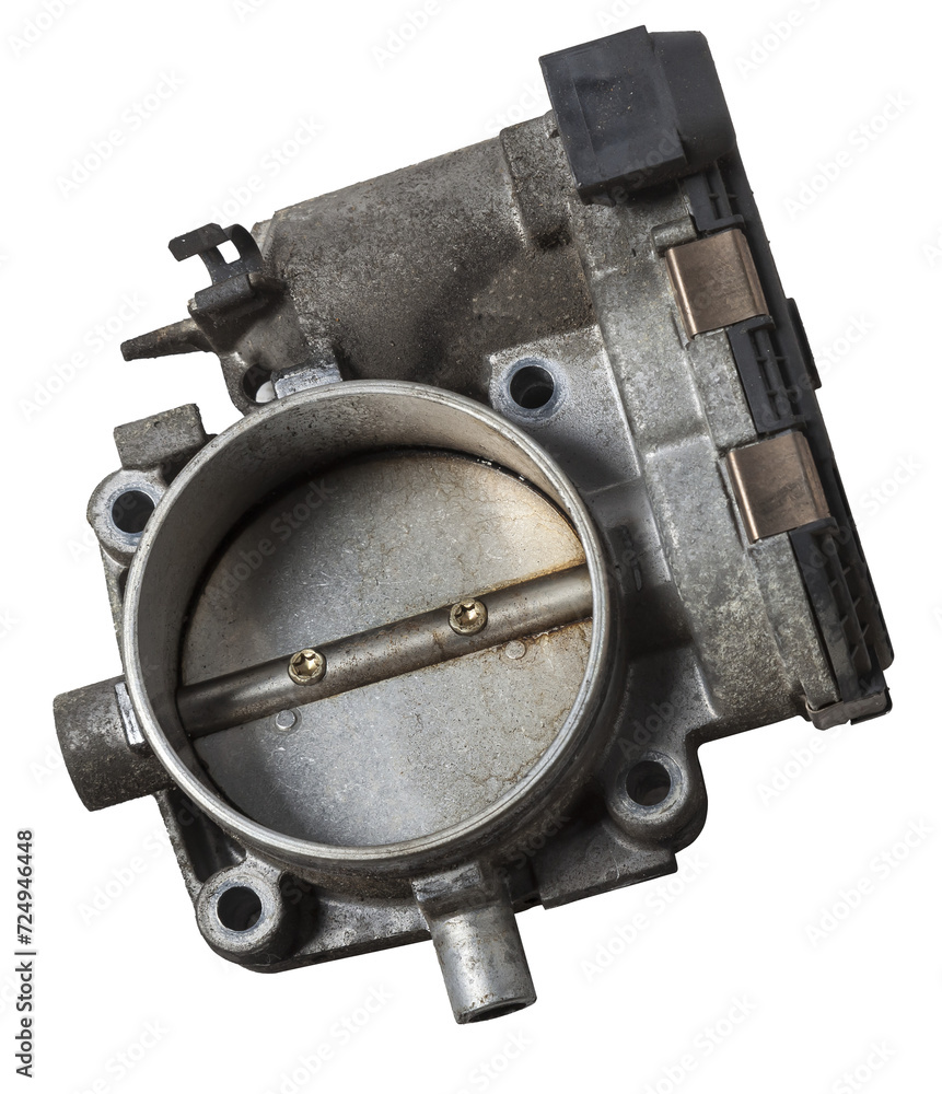 Wall mural Car part engine throttle valve opened by the gas pedal to supply more air to the engine. Spare parts catalog for vehicles from the junkyard.