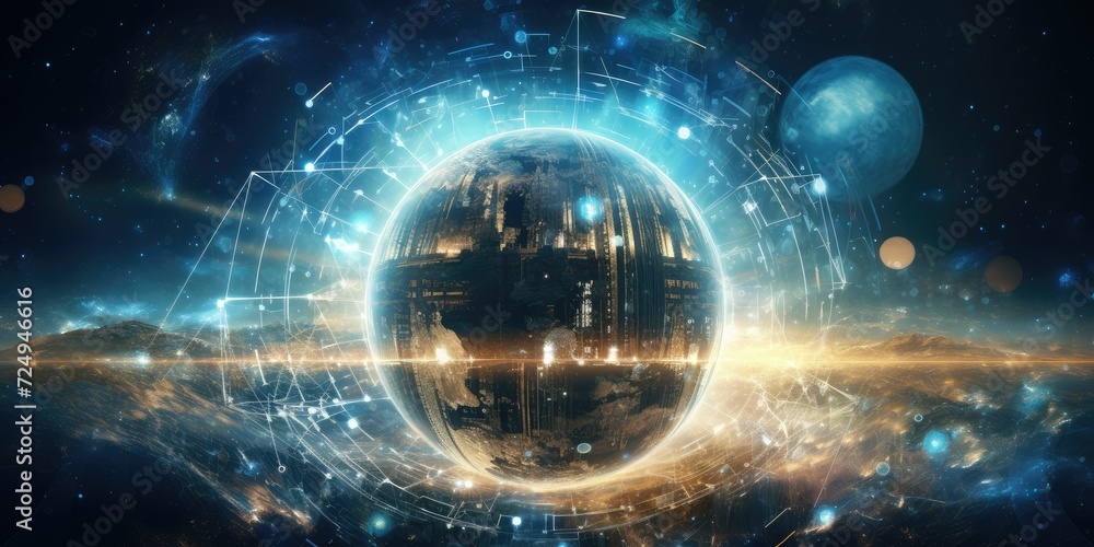 Poster futuristic technology concept, happy new day in earth on planet background with connection of comuni