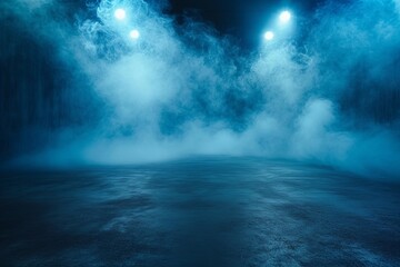 Blue smoke fills an empty room with concrete floor and spotlights in the background