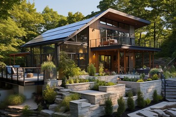 Discover the allure of a suburban dream home, showcasing contemporary architecture and eco-friendly features. This passive and energy-efficient house boasts generous insulation, efficient windows,  - obrazy, fototapety, plakaty