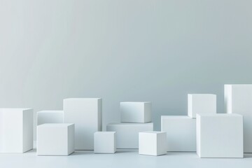 3D rendering of a podium or pedestal made of white cubes against a pale blue background.