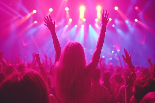 Young woman with long blond hair raising her hands at a concert with a lot of people