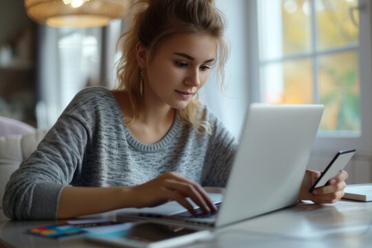 Young woman using laptop and credit card for online shopping