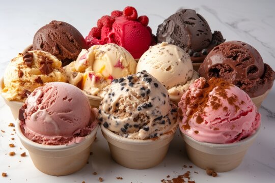 Various flavors of ice cream in paper cups