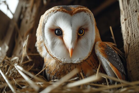 A close up of a barn owl sitting in a nest full of hay