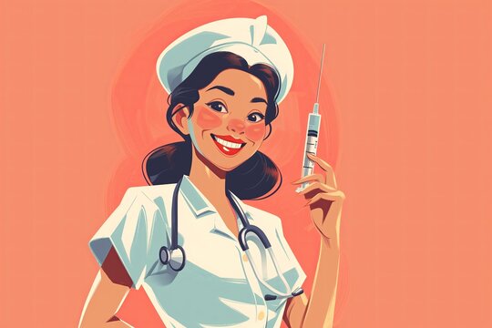 Retro-Inspired Nurse with Syringe: Vintage Style Healthcare Illustration