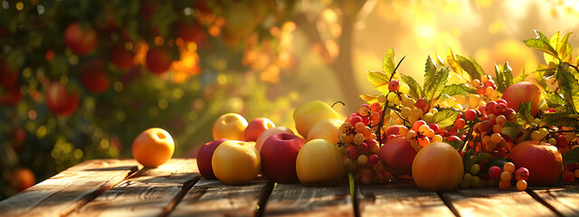 some fruit in a table in the garden with sunlight in 
