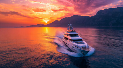 Majestic yacht journeying through vibrant sunset seascape - obrazy, fototapety, plakaty