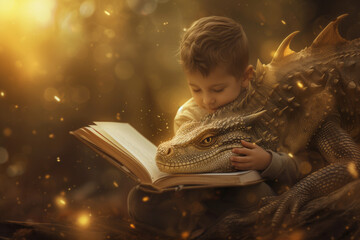 Little child reading fairytale book about magical adventures. Kid hugging golden dragon while reading fantasy story, surrounded with mystical warm glow. Encouraging kids to read books. - obrazy, fototapety, plakaty
