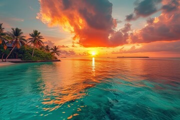 Fototapeta na wymiar A vibrant sunset over the ocean with palm trees on a tropical beach