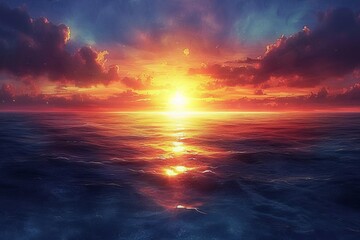 A Vivid Sunset Over the Ocean - obrazy, fototapety, plakaty