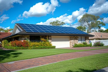 Naklejka premium A suburban house with solar panels on the roof