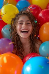 Fototapeta na wymiar Laughing girl surrounded by colorful balloons