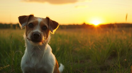 A cute dog is sitting in a grassy field at sunset