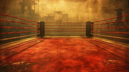 An empty boxing ring with red ropes and a red floor