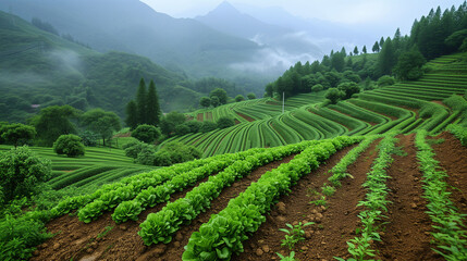 Fototapeta na wymiar Terraced fields of lush greenery in misty mountainous region