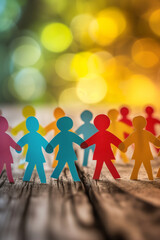 Rainbow colored paper human figures holding their hands on nature background. Diversity and Inclusion concept. - obrazy, fototapety, plakaty
