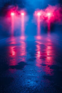 Empty wet asphalt road illuminated by red and blue spotlights at night with fog or smoke in the air © Molostock