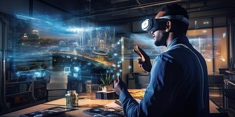 metaverse futuristci industry innovation technology concept, engineer using artificial intelligence with virtual mixed augmented reality glasses in digtial environmental with sustainability energy