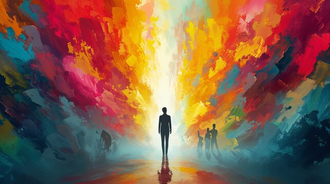 People walking through a colorful abstract painting