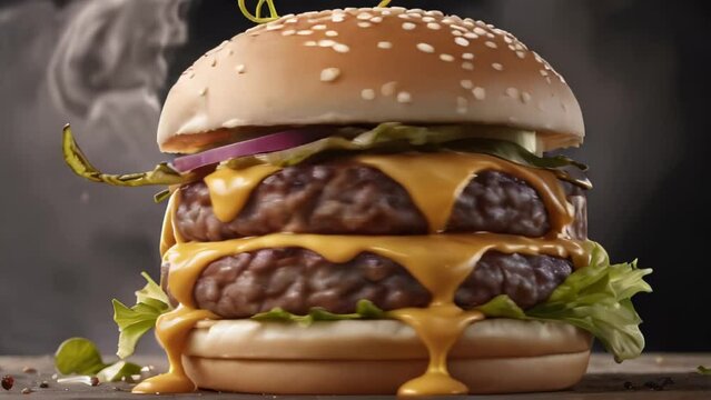 Mouthwatering burger close-up. AI