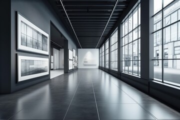 Modern gallery interior with windows providing daylight and a city perspective, as well as an empty mockup space on a black wall installation. Concept for a museum or show