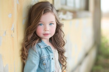 Portrait of a cute little girl with blue eyes and long brown hair wearing a jean jacket