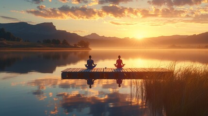 Two people meditating on a dock at sunset