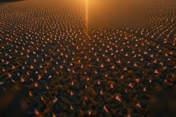Obraz premium An aerial view of a field of American flags.