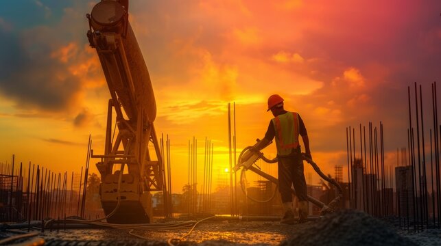 Construction worker pouring concrete at sunset