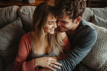 Romantic happy young couple relaxing on couch at home. Loving spouses resting in cozy living room interior. People in love enjoying weekend time together.